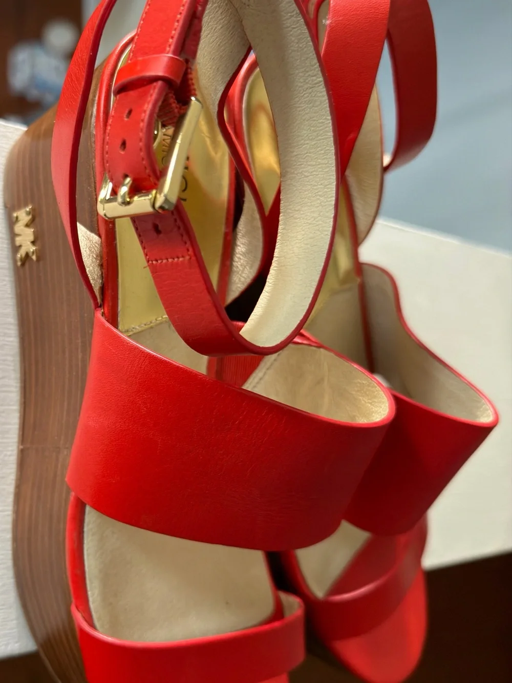 Michael Kors Coral Orange/Red Leather Ankle-Strap Sandals